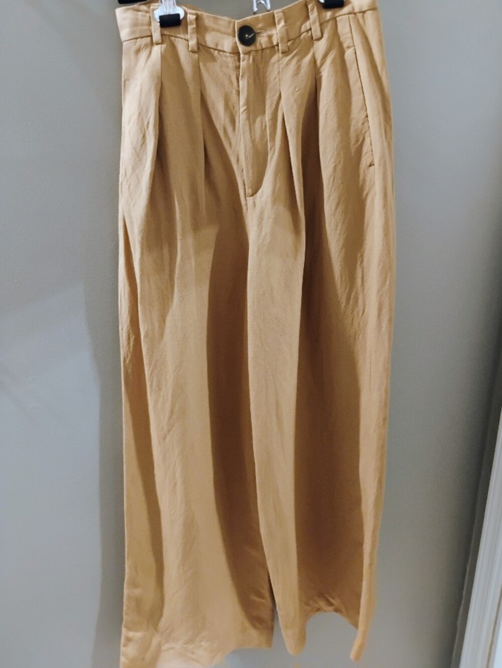 Women's ZARA Sz XS Tan Gold High Rise Pleated Wide Leg Linen Blend Pant